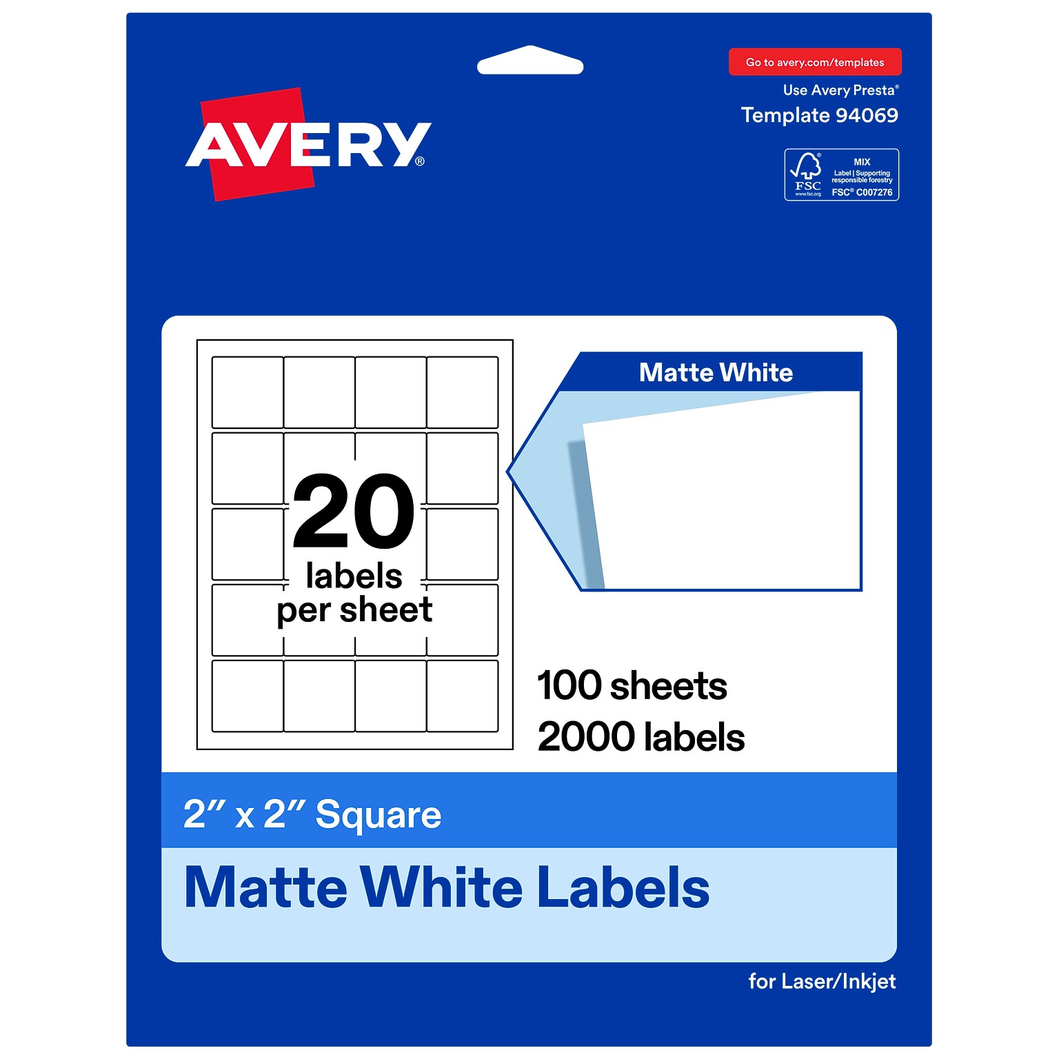 Avery Square Laser/Inkjet Multipurpose Labels, 2 x 2, White, 20 Labels/Sheet, 100 Sheets/Pack (19479311261)