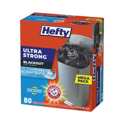 Hefty® Ultra Strong BlackOut Tall-Kitchen Drawstring Bags, 13 gal, 0.9 mil, 23.75" x 24.88", Black, 80/Box
