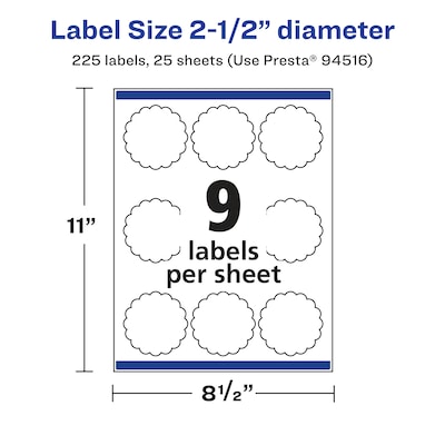 Avery Laser/Inkjet Decorative Edge Waterproof Multipurpose Labels, 2.5"  x 2.5", White, 225/Pack (94516)