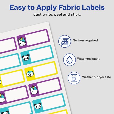 Avery No-Iron Waterproof Fabric Name Labels, 3/4" x 1-3/4", Multicolored, 24 Labels/Pack (40770)