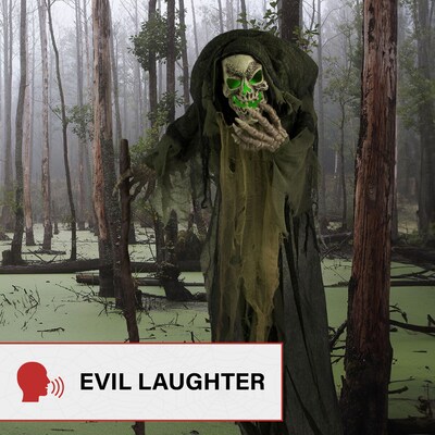 Haunted Hill Farm Life-Size Animatronic Skeleton Reaper Holding Staff (HHSKEL-7FLSA)