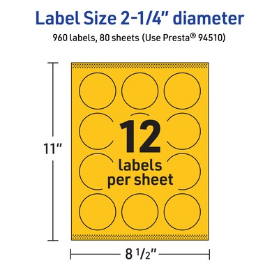 Avery Laser/Inkjet Round Multipurpose Labels, 2.25" Dia., Bright Yellow, 960/Box (94510)