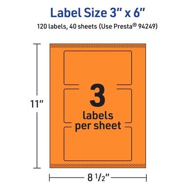 Avery Laser/Inkjet Multipurpose Rectangle Labels, 3" x 6", Bright Orange, 120/Pack (94249)