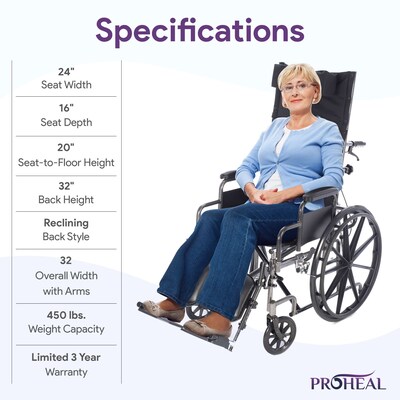 ProHeal Chariot Reclining 24" Wheelchair, Headrest Support w/ Removable Full Arms, 450 lb. Capacity, Black (PH-WCRC24FAELR)