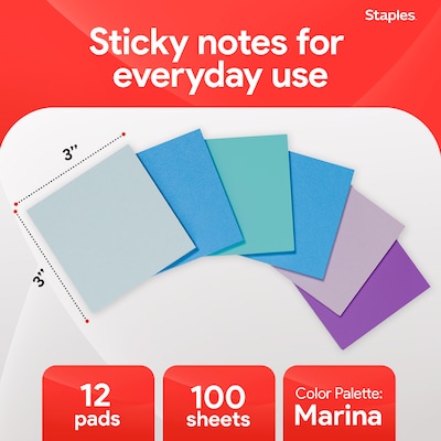 Staples Sticky Notes, 3 x 3, Marina Collection, 100 Sheets/Pad, 12 Pads/Pack (19758-US)