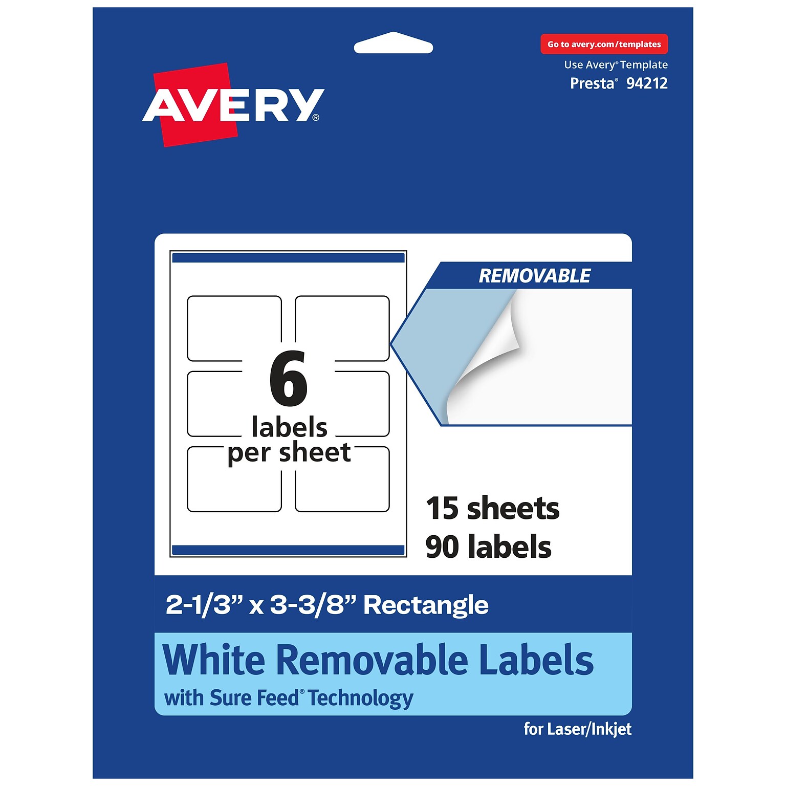 Avery Laser/Inkjet Rectangle Multipurpose Labels, 2-1/3 x 3-3/8, White, 90 Labels/Pack (94212)