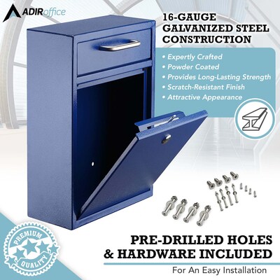 AdirOffice Steel Large Wall Mounted Drop Box Interoffice Mailbox, Key Lock, Blue (631-04-BLU-PKG)