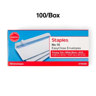 Staples QuickStrip EasyClose Self Seal Security Tinted #10 Business Envelopes, 4 1/8" x 9 1/2", White, 100/Box (ST50308-CC)