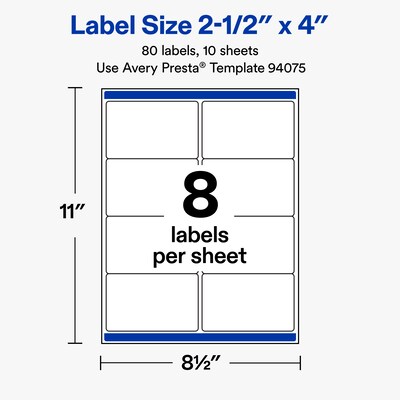 Avery Rectangle Laser/Inkjet Multipurpose Labels, White, 8 Labels/Sheet, 10 Sheets/Pack (19479311219)