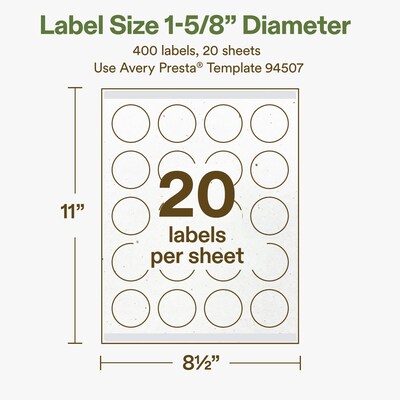 Avery Hemp Round Laser/Inkjet Multipurpose Labels, 1-5/8" Dia, Off-White (400/Pack)