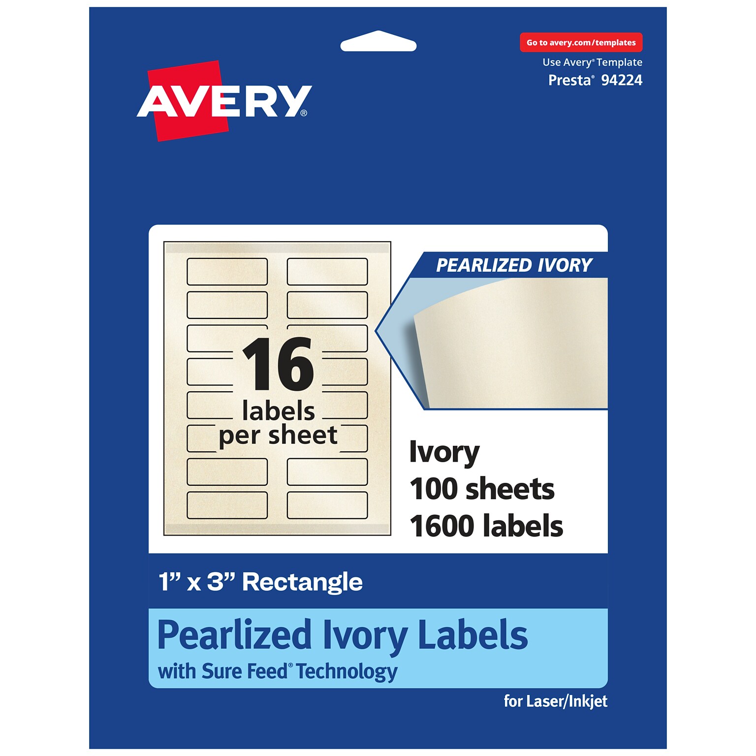 Avery Pearlized Ivory Rectangle Multipurpose Labels, 1 x 3, Ivory, 1600/Box (94224)