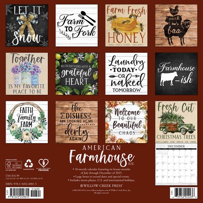2026 Willow Creek American Farmhouse 12 x 12 Monthly Wall Calendar (49815)