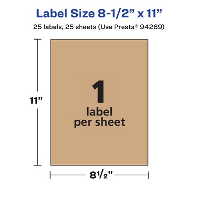 Avery Laser/Inkjet Rectangle Multipurpose Labels, 8.5" x 11", Kraft Brown, 25 Labels/Pack ( 94269)