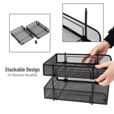 Mind Reader Metal Mesh Front Loading Stackable Letter Tray, Letter/Legal Size, Black, 2/Pack (CSTACK2-BLK)