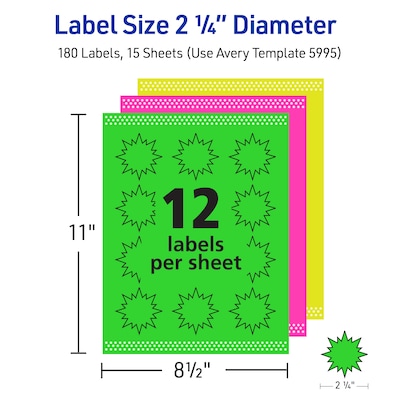 Avery Sure Feed Laser Burst Label, 2 1/4" Dia, Assorted Neon, 180 Labels/Pack (5995)