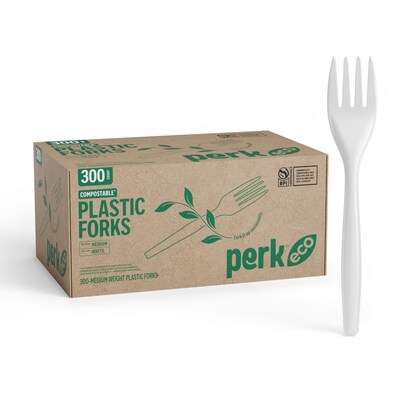 Perk™ Eco Compostable PLA Fork, Medium-Weight, White, 300/Pack (PK56201)