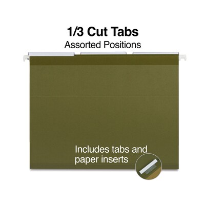 Staples 100% Recycled Reinforced Recycled Hanging File Folder, 1/3-Cut Tab, Letter Size, Standard Green, 25/Box