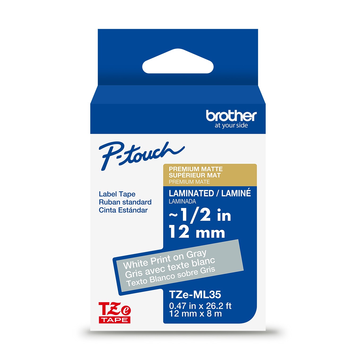 Brother P-touch Premium Matte Laminated Label Tape, 1/2 x 26.2, White on Gray (TZeML35)