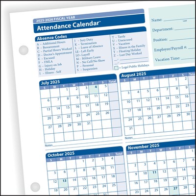 ComplyRight 2025-2026 Fiscal Year Attendance Calendar Cards, 50/Pack (A42005015)