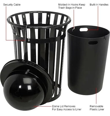 Global Industrial Outdoor Slatted Steel Trash Can w/ Dome Lid, 36 Gallon, Black (261944BK)