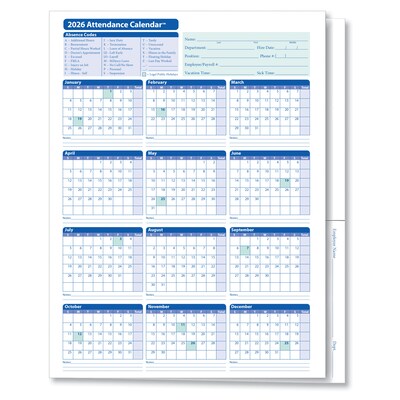ComplyRight 2026 Attendance Calendar File Folder, 25 Forms/Pack (A3050)