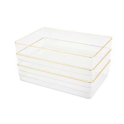 Martha Stewart Kerry Plastic Stackable Office Desk Drawer Organizer, Clear/Gold, 3/Set (BEPB8974G3CGD)