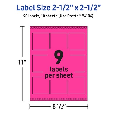 Avery Laser/Inkjet Square Multipurpose Labels, 2.5" x 2.5", Neon Magenta, 90/Pack (94104)
