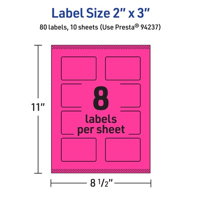 Avery Laser/Inkjet Rectangle Multipurpose Labels, 2" x 3", Neon Magenta, 80/Pack (94237)