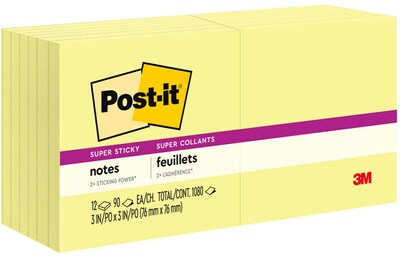 Post-it Super Sticky Notes, 3 x 3, Canary Collection, 90 Sheet/Pad, 12 Pads/Pack (65412SSCY)