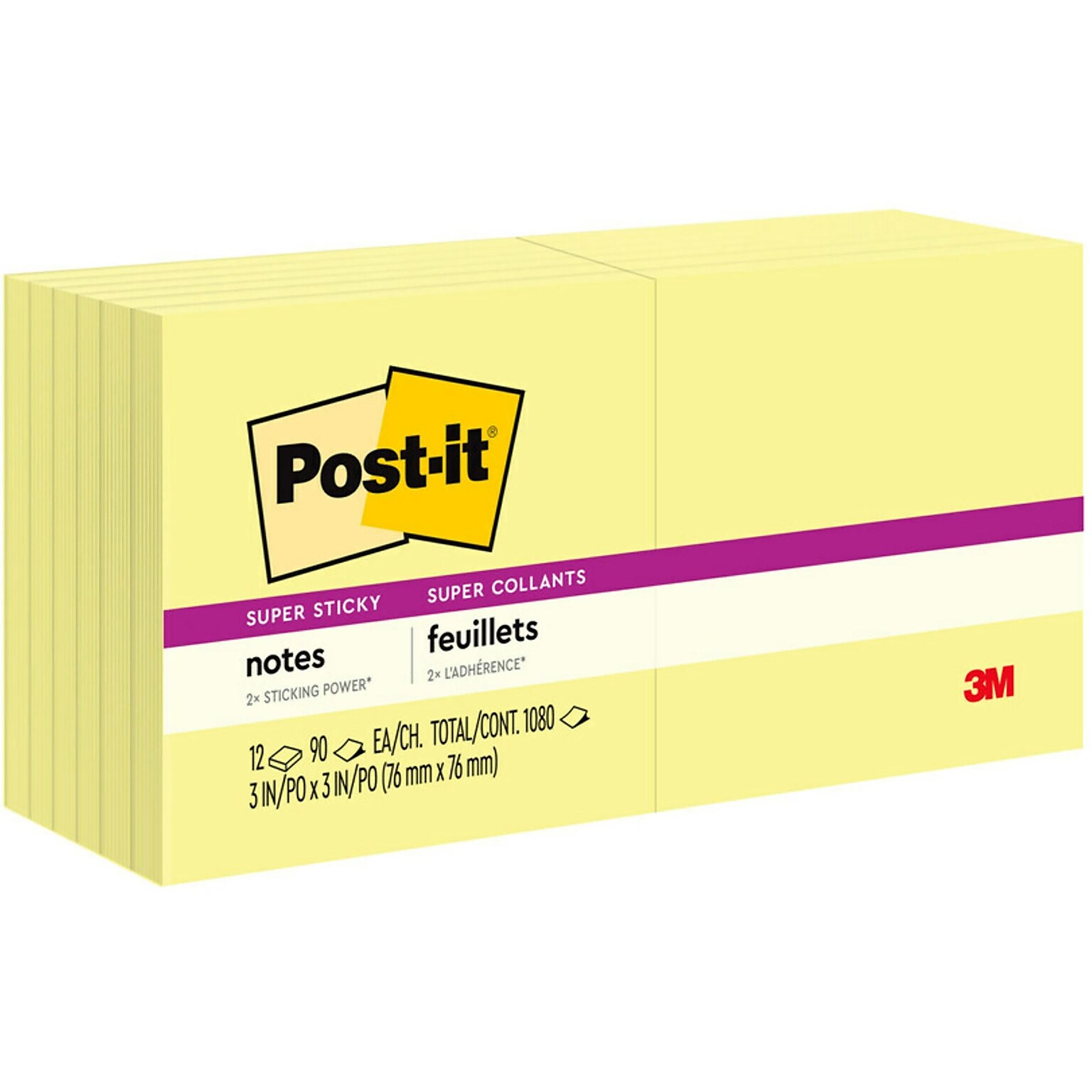 Post-it Super Sticky Notes, 3 x 3, Canary Collection, 90 Sheet/Pad, 12 Pads/Pack (65412SSCY)