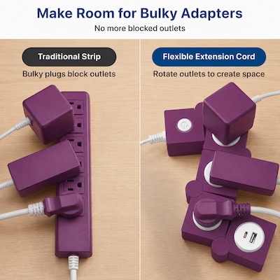 Uncaged Ergonomics Flexible 5' Extension Cord, 3-Outlet, 14 AWG, Plum (2xFPS-Plum)