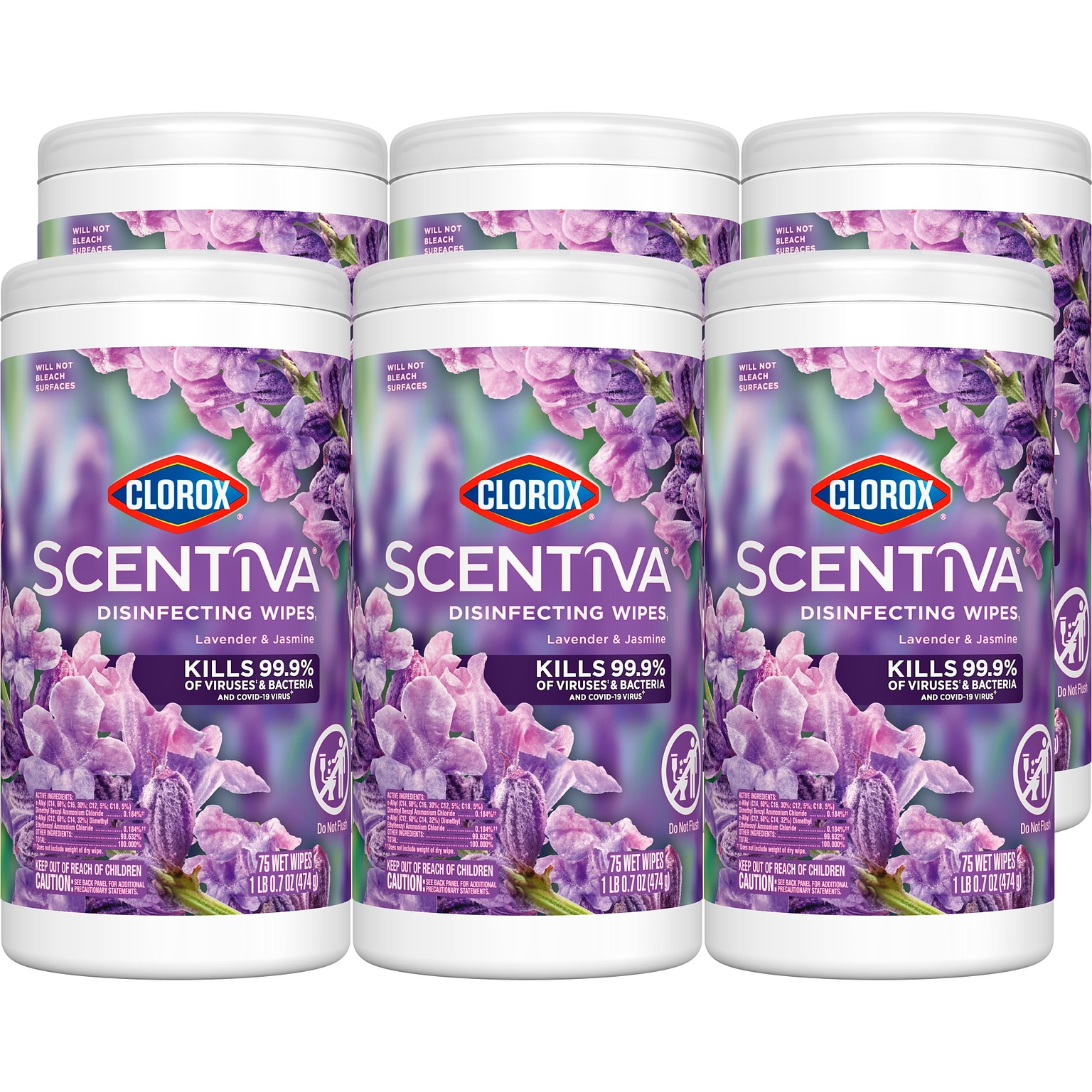 Clorox Scentiva Disinfecting Wipes, Tuscan Lavender & Jasmine Scent, 75 Wipes/Container, 6/Carton (60040CT)