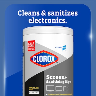 CloroxPro Clorox Screen+ Sanitizing Wipes, Bleach Free, Citrus Blend Scent, 75 Wipes/Container, 6/Ca