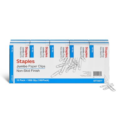 Staples® Jumbo Paper Clips, Nonskid, 100/Box, 10 Boxes/Pack (A7026606/72577)