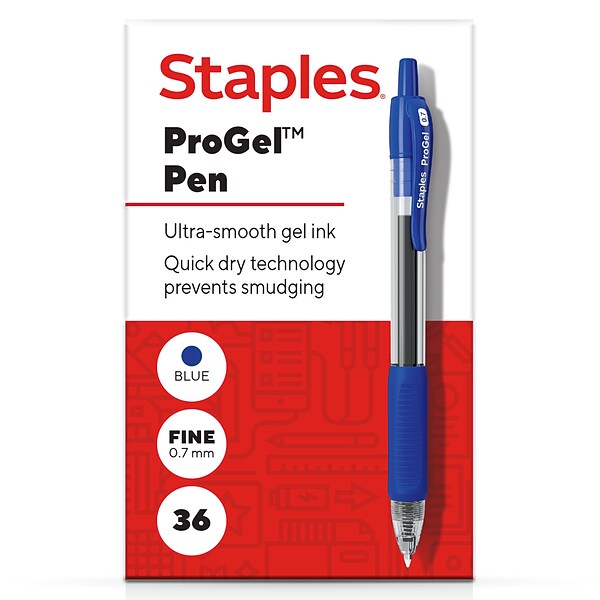 Staples ProGel™ Retractable Gel Pen, Fine Point, 0.7mm, Blue Ink, 36 ...