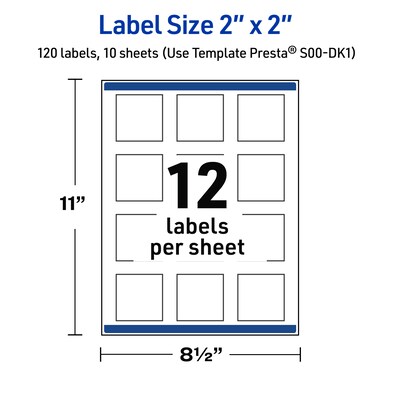 Avery Laser/Inkjet Square Multipurpose Labels, 2" x 2", White, 120/Pack (S00-DK1)