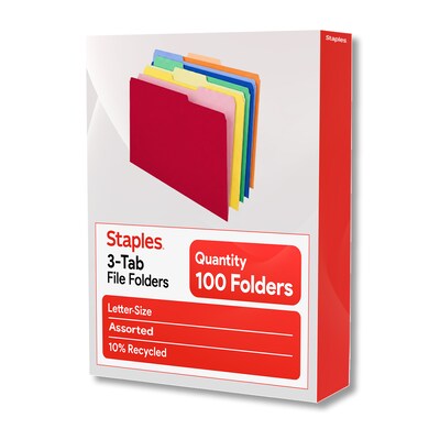 Staples File Folders, 1/3-Cut Tab, Letter Size, Assorted, 100/Pack (ST22953-CC)