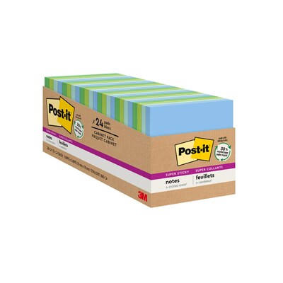 Post-it Recycled Super Sticky Notes, 3 x 3, Oasis Collection, 70 Sheets/Pad, 24 Pads/Pack (654-24S