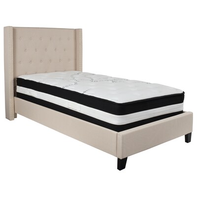 Flash Furniture Riverdale Tufted Upholstered Platform Bed in Beige Fabric with Pocket Spring Mattress, Twin (HGBM33)
