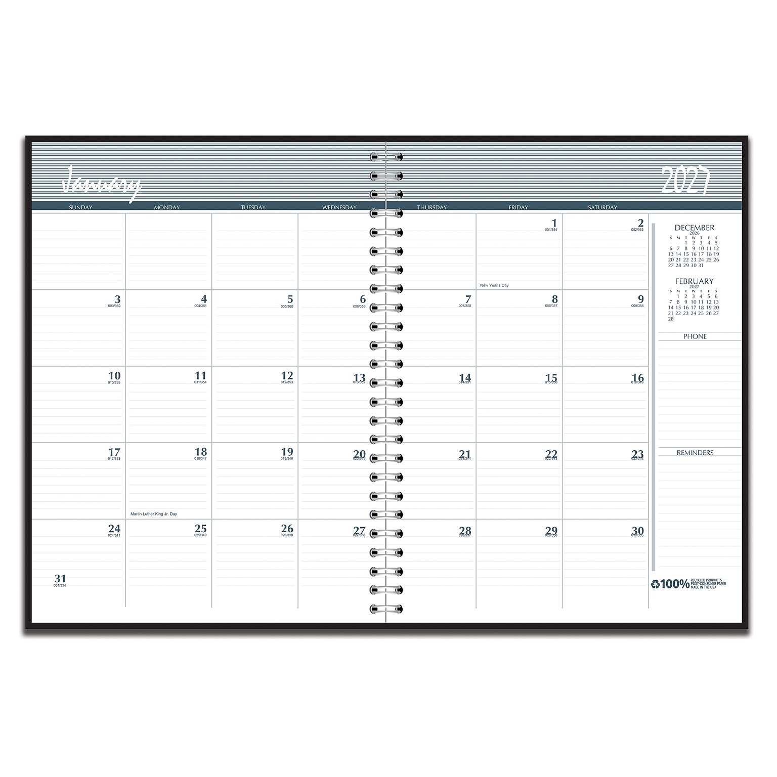 2027 House of Doolittle 8.5 x 11 Monthly Standard Planner, Faux Leather Cover, Black/Blue (26202-27)