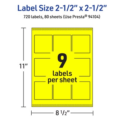 Avery Laser/Inkjet Square Multipurpose Labels, 2.5" x 2.5", Neon Yellow, 720/Box (94104)