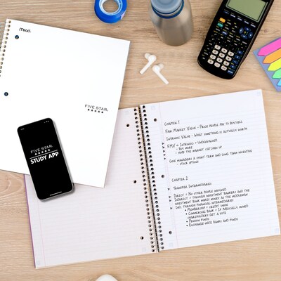 Five Star Spiral Notebook Plus Study App, 3 Subject, College Ruled, 8.5" x 11", White (820003B)