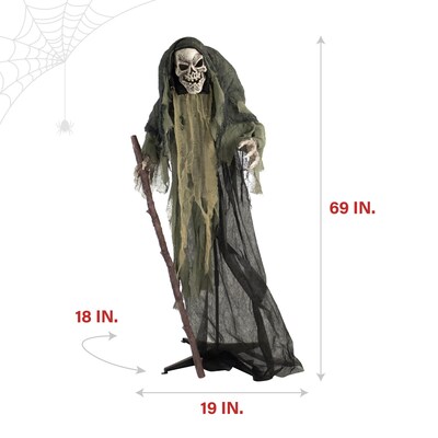 Haunted Hill Farm Life-Size Animatronic Skeleton Reaper Holding Staff (HHSKEL-7FLSA)