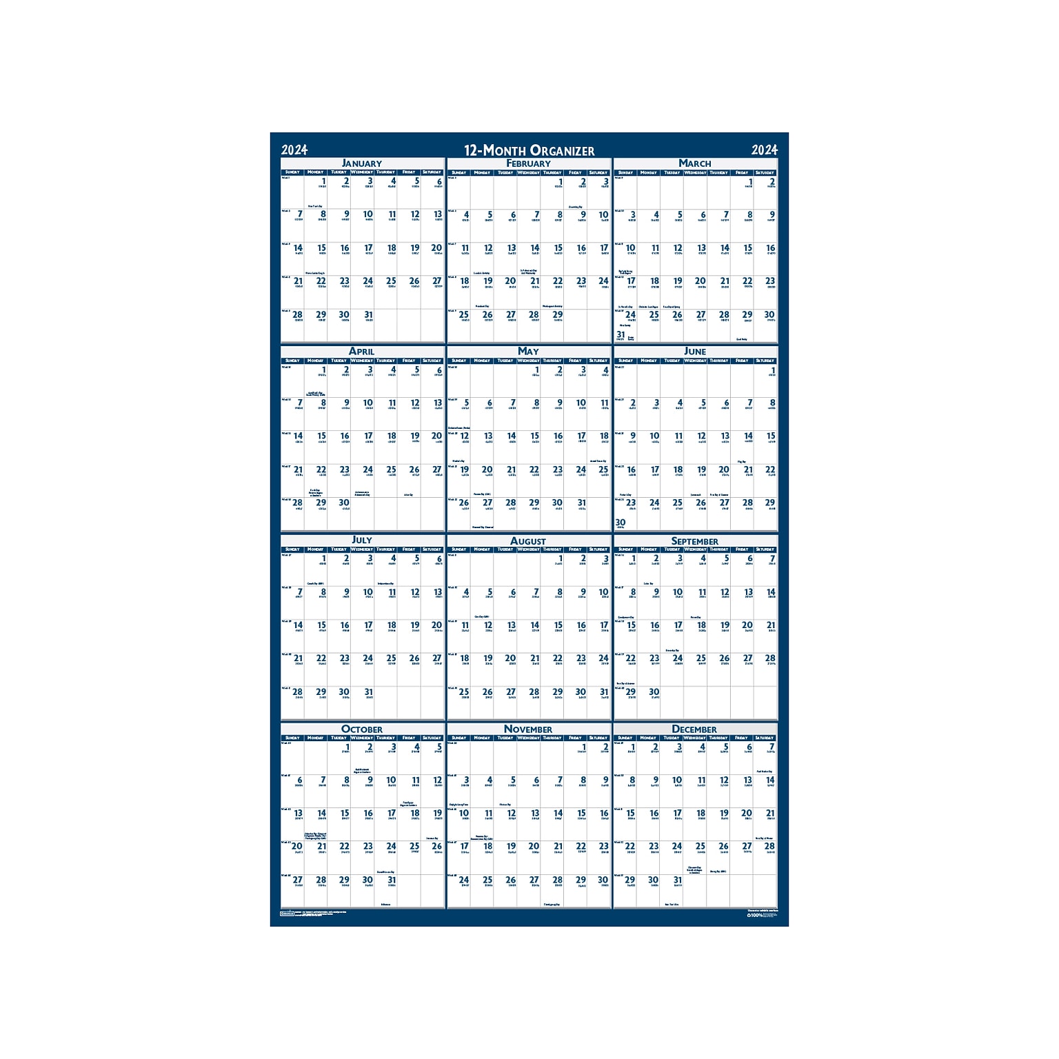 2024 House of Doolittle 33 x 66 Yearly Wet-Erase Wall Calendar, White/Blue (3962-24)