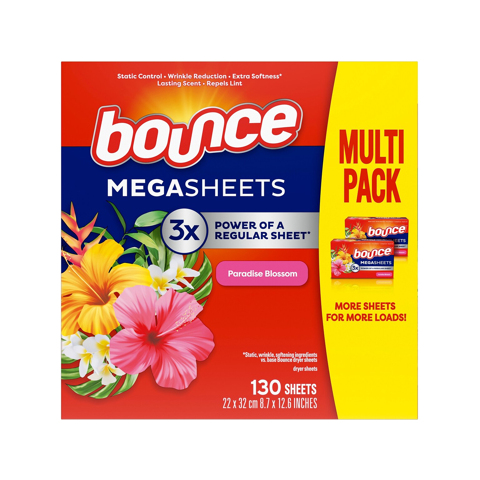 Bounce Mega Dryer Sheets, Paradise Blossom Scent, 130 Sheets/Pack (05151)