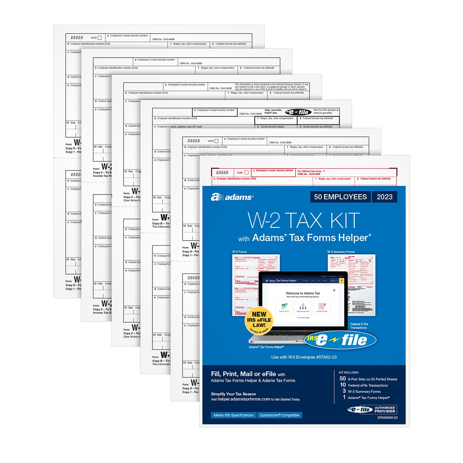 Adams 2023 W2 Tax Forms Kit with Adams Tax Forms Helper and 10 Free eFiles, 50/Pack (STAX650W-23)