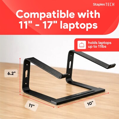Staples TECH Aluminum Laptop Stand, Black, 11" x 10", Ergonomic Cooling Riser for Notebook/MacBook/PC