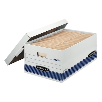 Bankers Box Medium-Duty FastFold Corrugated File Storage Boxes, Lift-Off Lid, 24 Legal Size, White/Blue, 4/Carton (0070205)