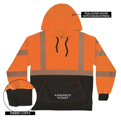 GloWear 8317BK High Visibility Long Sleeve Black Bottom Hooded Sweatshirt, ANSI Type R, Class 3, Orange, 3XL (22987)