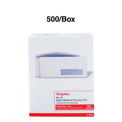 Staples Gummed Security Tinted #10 Window Envelope, 4 1/8" x 9 1/2", White Wove, 500/Box (19806/572043)